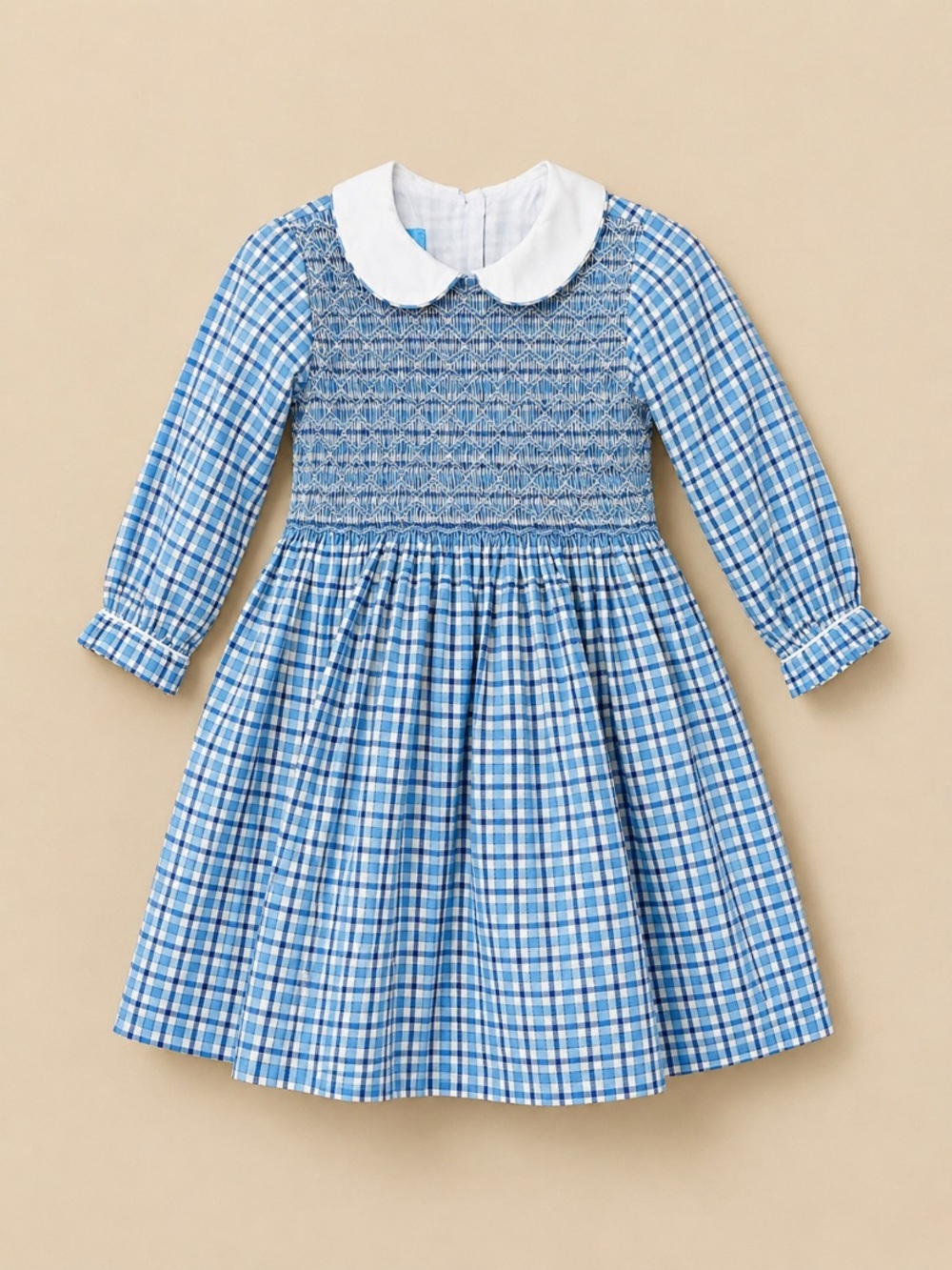 Anavini Vintage Style Smocked Plaid Dress Blue White Peter Pan Collar Size 3